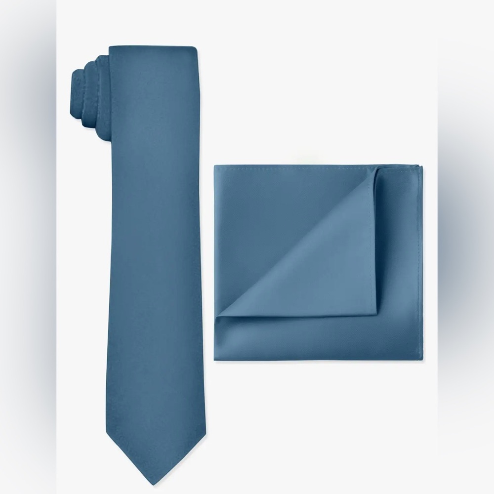 Aazie MATTE SATIN SKINNY TIE AND POCKET SQUARE SET IN BERMUDA BLUE